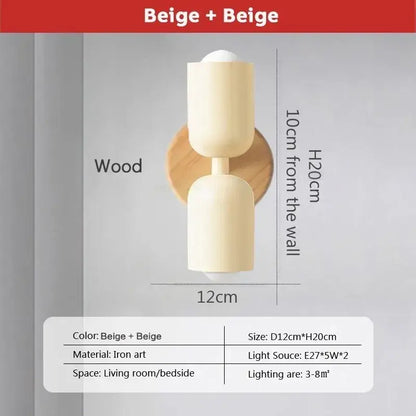 Beige two-tiered iron art wall lamp with wooden backplate for bedroom illumination by decorbites cream zipper wooden