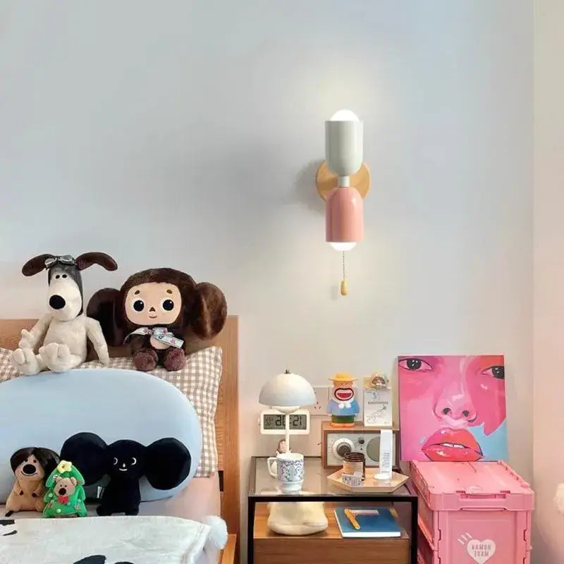 Modern cream zipper wooden wall lamp with pastel pink and white two-tone sconce and wooden backplate for bedroom illumination