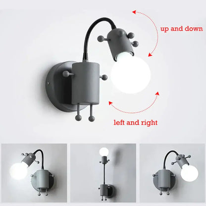 Gray adjustable wall sconce with flexible gooseneck arm featuring modern creative minimalism metal robot design