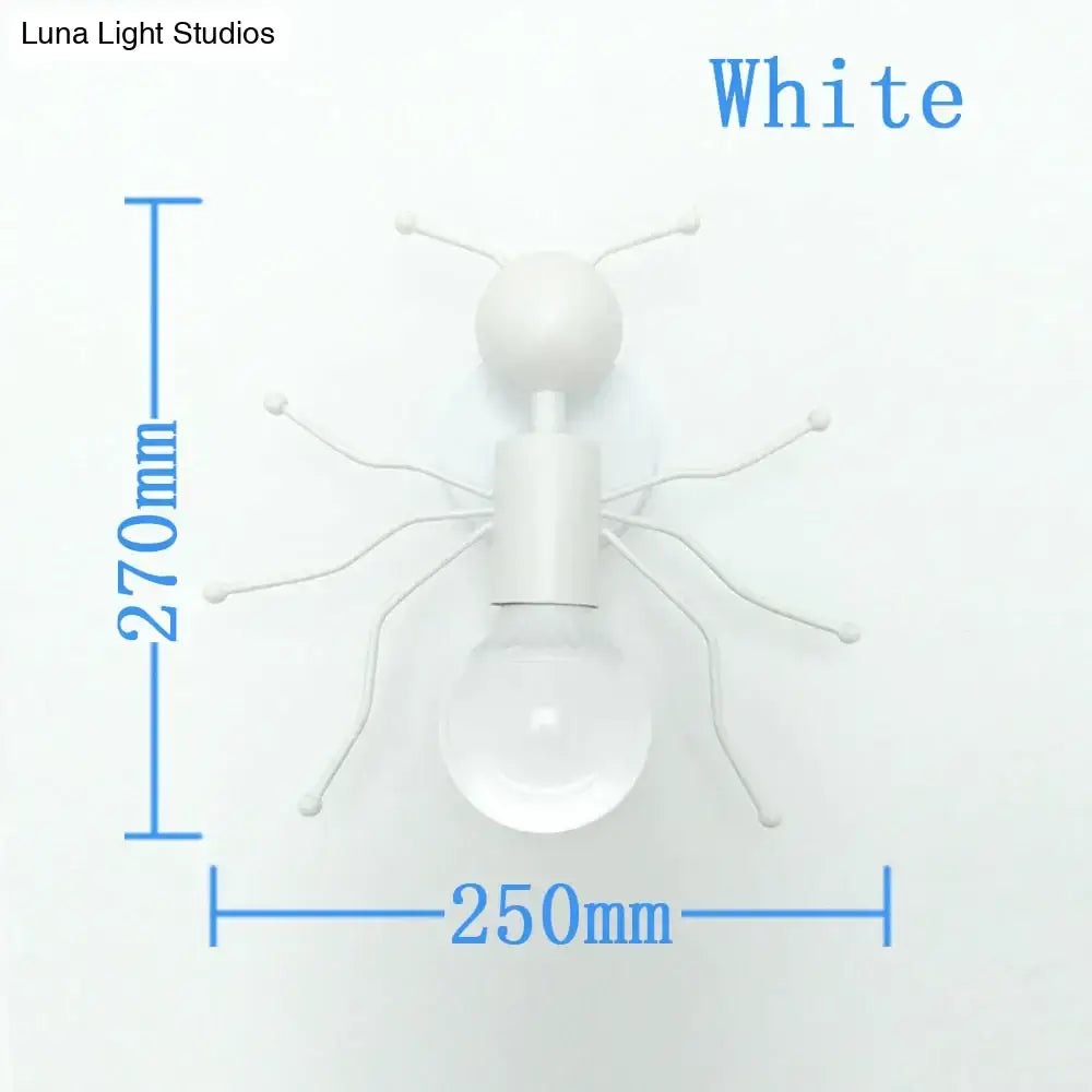 White ant-shaped wall lamp with clear glass bulb and metallic legs showcasing modern creative minimalism metal design