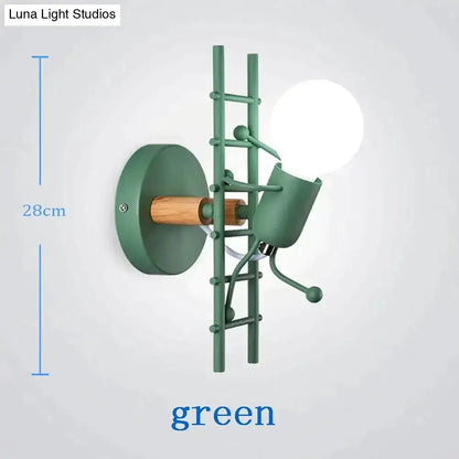 Green metal wall sconce ladder design with wooden handle and cylindrical lamp head modern creative minimalism light