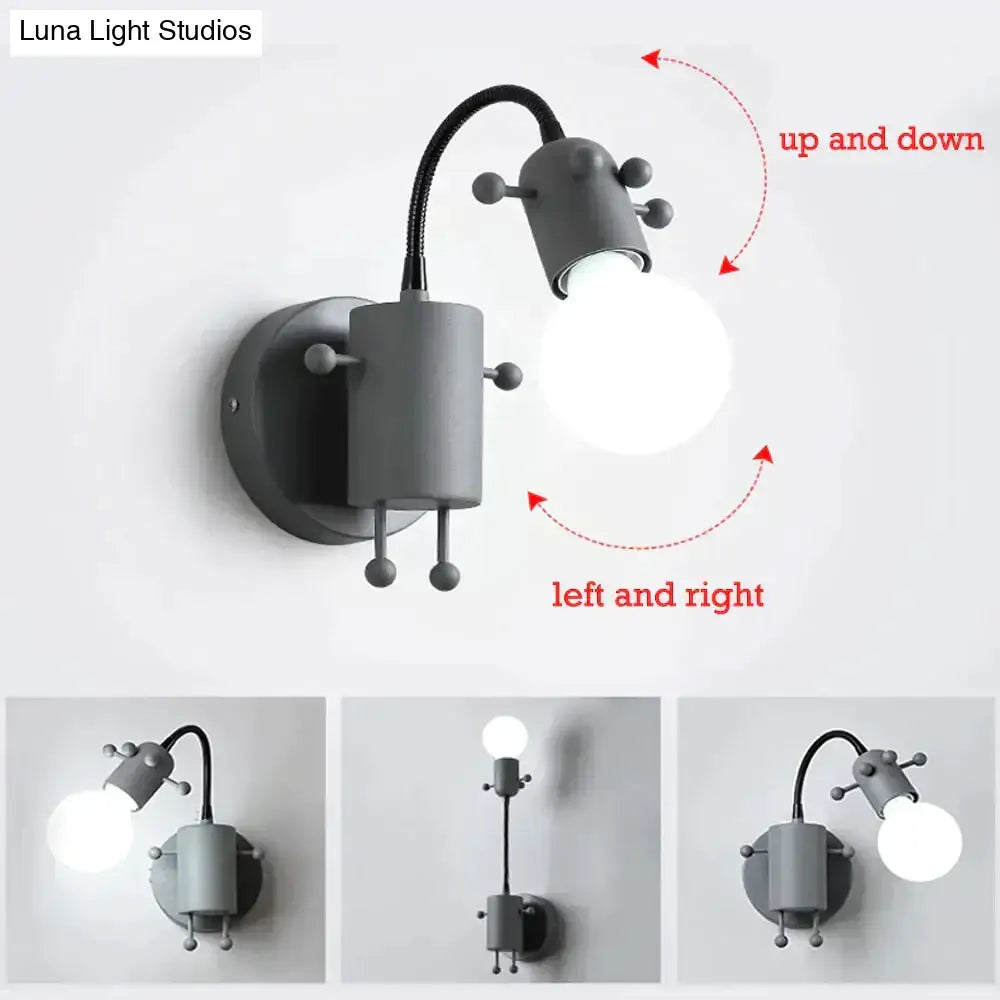Modern creative minimalism gray metal robot wall sconce with adjustable gooseneck arm and spherical bulb for bedroom lighting