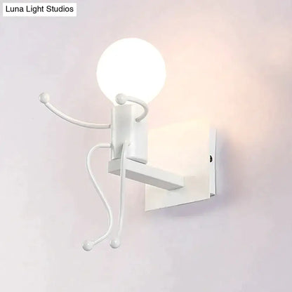 Modern creative minimalism white metal wall sconce shaped like a robot ant with articulated limbs and spherical bulb head