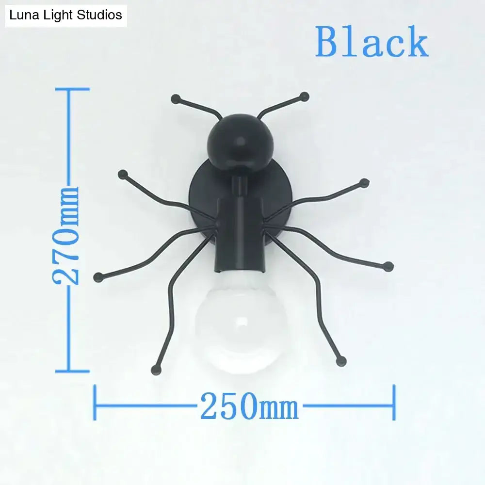 Modern creative minimalism black ant-shaped metal wall lamp with frosted glass bulb for bedroom lighting