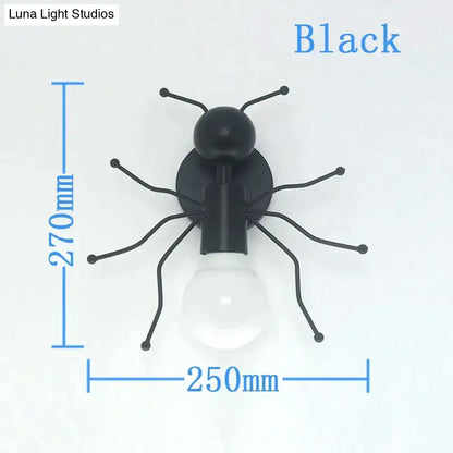 Modern creative minimalism black ant-shaped metal wall lamp with frosted glass bulb for bedroom lighting