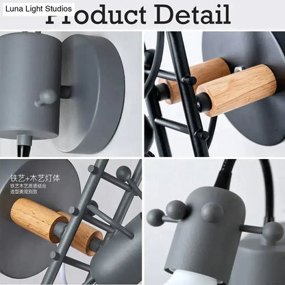 Modern creative minimalism gray metal and wood industrial wall lamp with cylindrical shades for bedroom lighting