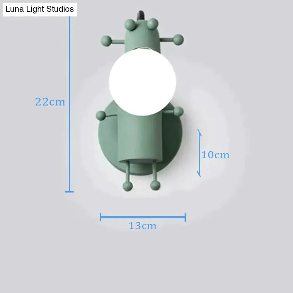 Modern creative minimalism metal mint green insect shaped wall sconce with round white light fixture for bedroom use