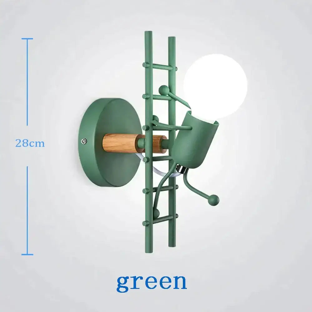 Modern creative minimalism green ladder-shaped metal robot ant wall sconce with wooden accent and spherical bulb for bedroom lighting