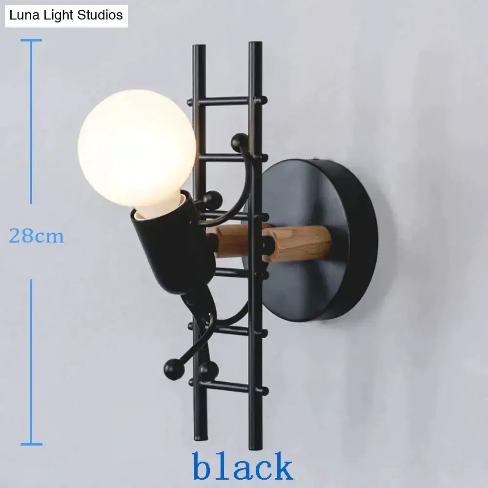 Modern creative minimalism black metal ladder wall sconce with wooden accent and frosted bulb for bedroom lighting