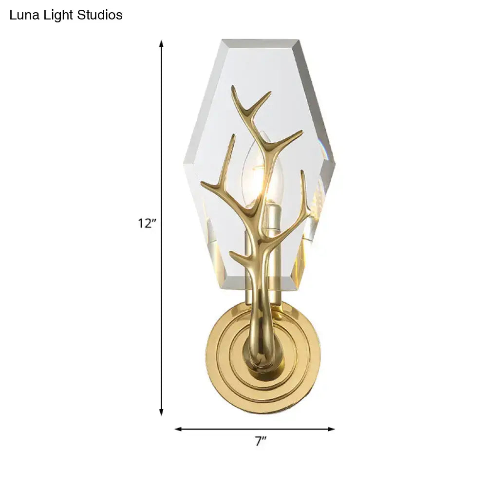 Modern style gold wall mount sconce light with hexagonal crystal shade and antler-inspired direct wired electric design