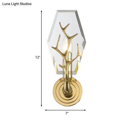 Modern style gold wall mount sconce light with hexagonal crystal shade and antler-inspired direct wired electric design