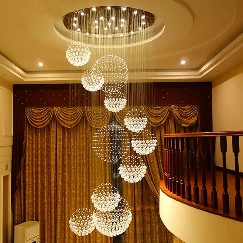 Modern crystal ball led chandelier with cascading clear faceted crystal beads and thin metallic chains for living room decorbites crystal ball