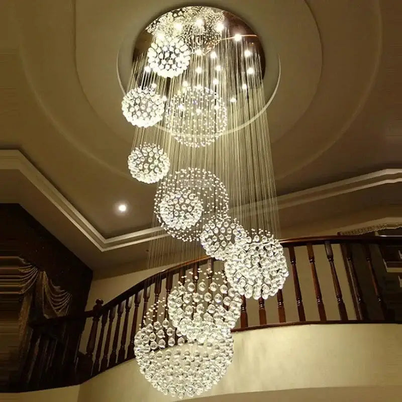 Modern crystal ball led chandelier with cascading clear faceted crystals and metallic rods for living room decorbites crystal ball