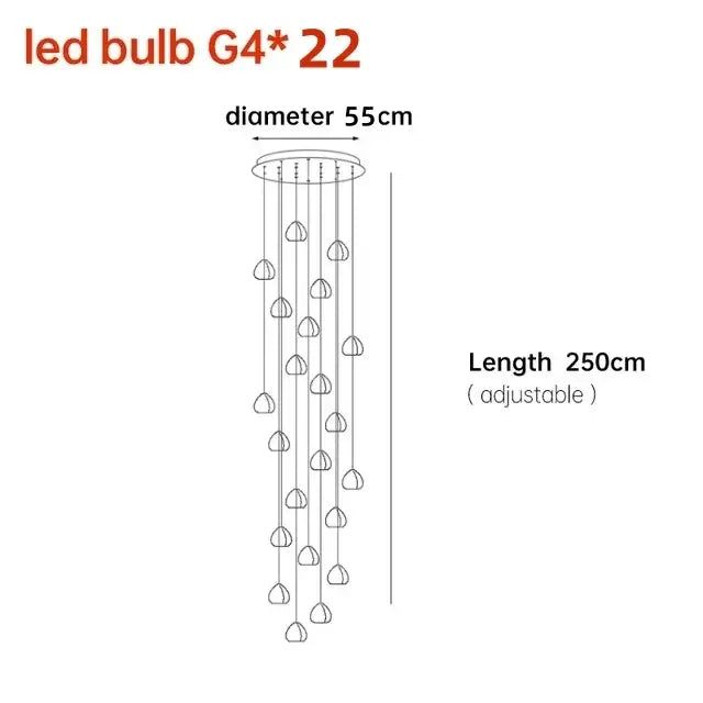 A modern crystal ball nordic adjustable chandelier with 22 g4 led bulbs cascading from a circular ceiling mount