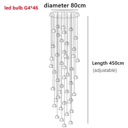 A modern crystal ball nordic led chandelier with 46 g4 led bulbs cascading from an 80cm circular top
