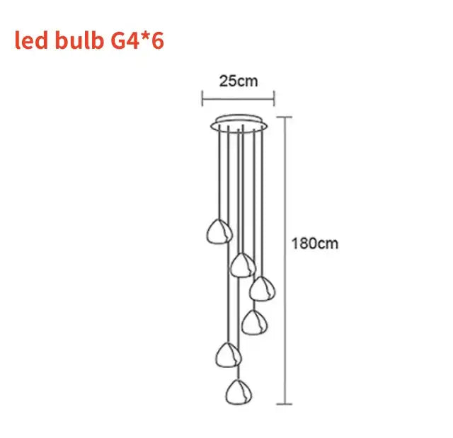 A modern crystal ball nordic led chandelier with six g4 led bulbs in a cascading teardrop design and metallic fixtures