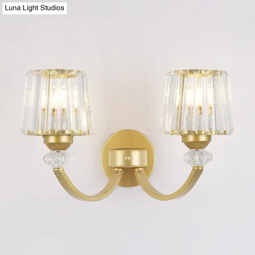 Gold-finished wall lamp with black gold curved arms and two crystal-encased light fixtures for modern bedroom lighting