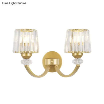 Gold-finished wall lamp with curved arm black gold design featuring two crystal-encased light fixtures and glass beads