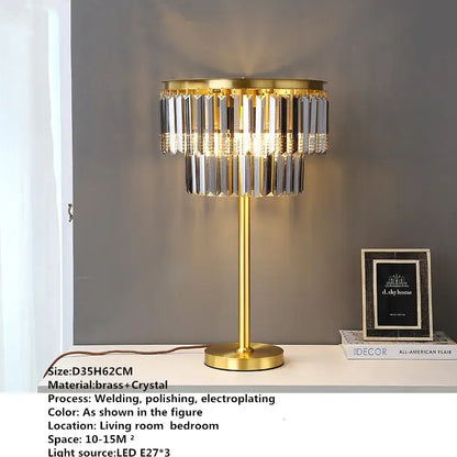 Modern crystal brass floor lamp with gold-toned base and cascading clear crystal prisms for elegant decorbites decor