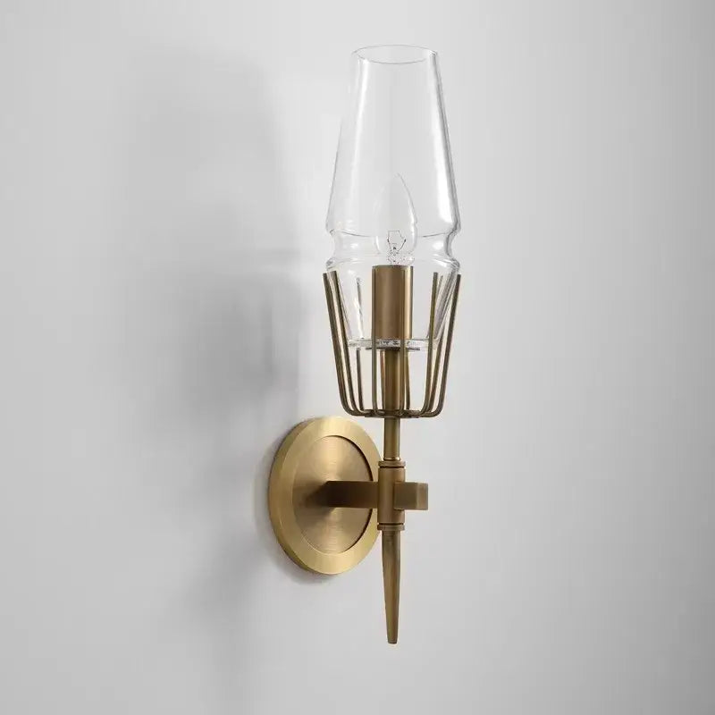 Modern crystal brass glass pendant light with brass-finished wall sconce clear glass shade and wire cage design by decorbites