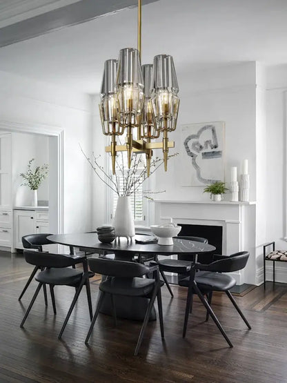 Modern crystal brass glass pendant light with cylindrical shades on brass frame for elegant dining room decorbites crystal brass