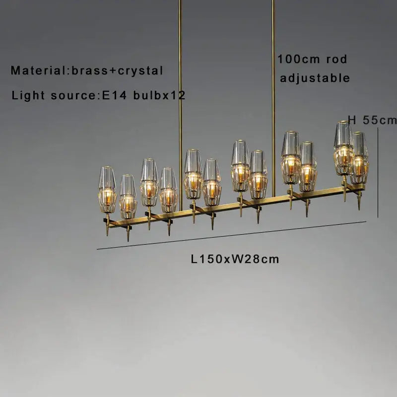 Modern crystal brass glass pendant light with twelve e14 bulbs and sleek 150cm design for dining room decorbites crystal brass