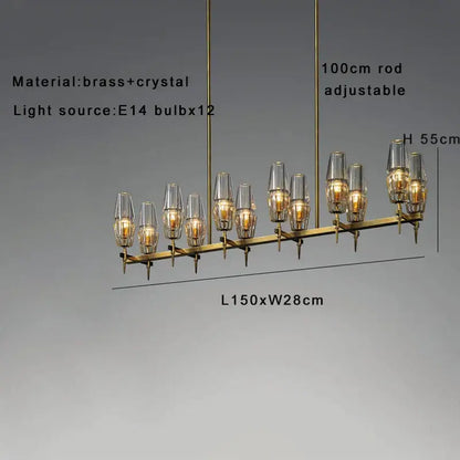 Modern crystal brass glass pendant light with twelve e14 bulbs and sleek 150cm design for dining room decorbites crystal brass