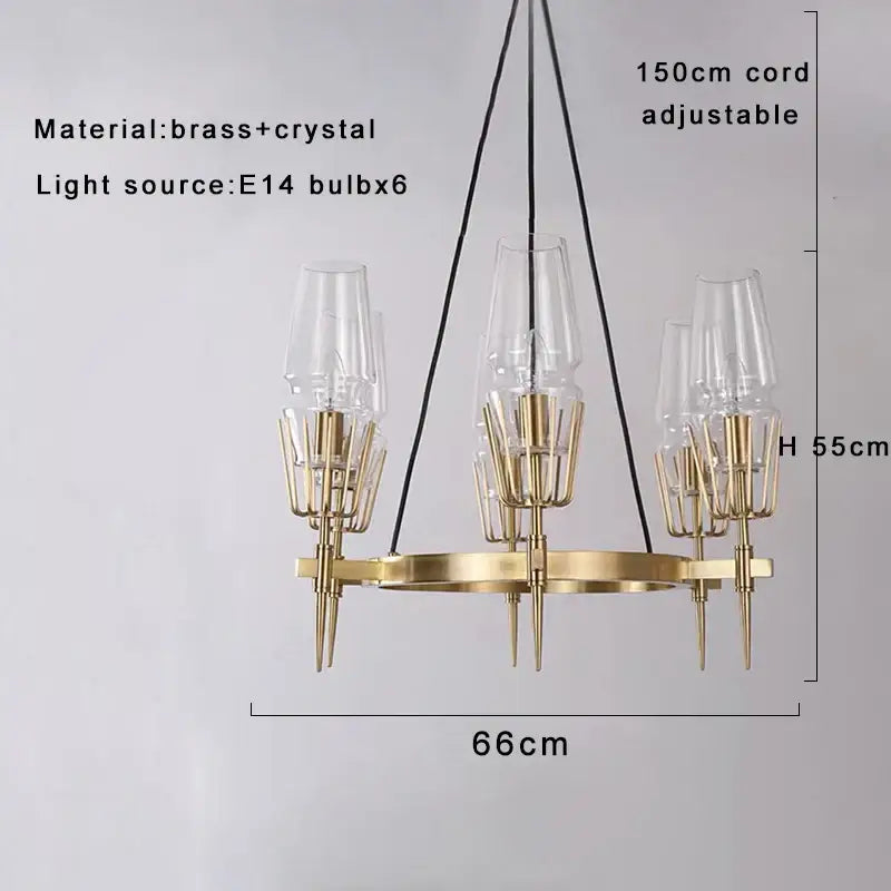 Modern crystal brass glass pendant light with gold-toned brass frame six clear glass shades and adjustable black cord decorbites crystal brass