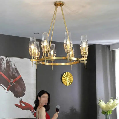 Modern crystal brass glass pendant light featuring a gold-toned geometric chandelier for dining room decorbites crystal brass