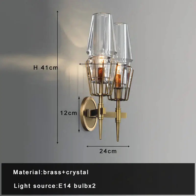 Modern crystal brass glass pendant light featuring a brass and crystal wall sconce with two tapered glass shades