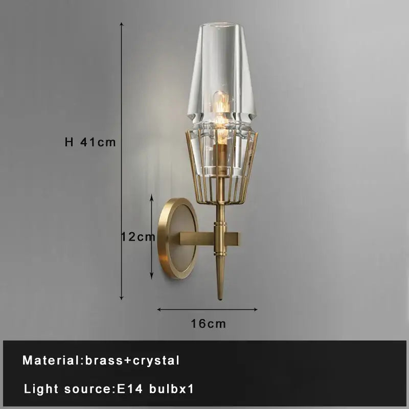 A modern crystal brass glass pendant light wall sconce with a tall tapered glass shade for elegant decorbites decor