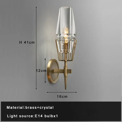 A modern crystal brass glass pendant light wall sconce with a tall tapered glass shade for elegant decorbites decor