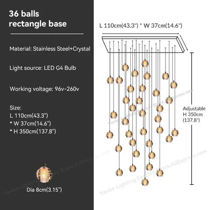 Modern crystal bubble ball pendant light with 36 crystal spheres and rectangular stainless steel base for dining room decorbites