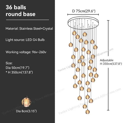 Modern crystal bubble ball pendant light with 36 glowing spherical crystal balls on stainless steel base for dining room decorbites crystal bubble