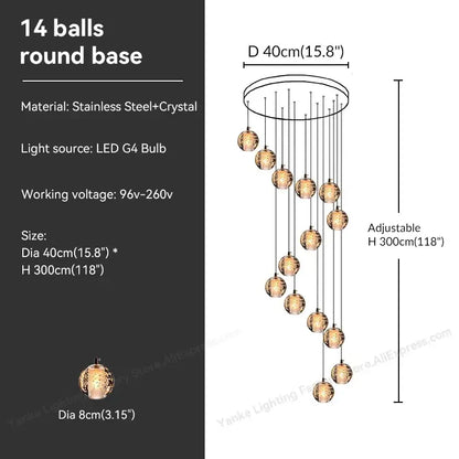 Modern pendant light featuring 14 crystal bubble ball orbs with stainless steel base for dining room decorbites crystal bubble design