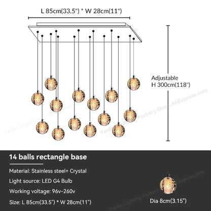 Modern crystal bubble ball pendant light with 14 spherical glass orbs and stainless steel frame for dining room decorbites crystal bubble
