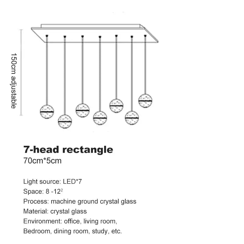 Seven-head rectangular pendant light with machine-ground crystal bubble ball glass spheres for modern dining room decorbites