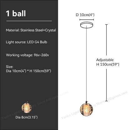 Modern crystal bubble ball pendant light featuring a textured crystal-encrusted stainless steel finish with led g4 bulb