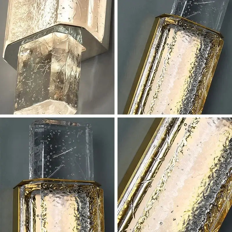 Gold-toned modern crystal bubble wall lamp with textured translucent glass panels and metallic frame for bedroom decorbites wall lamp