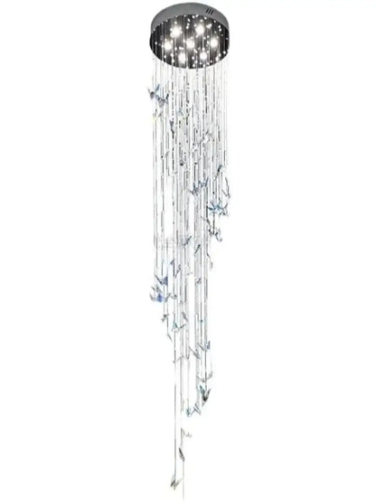 Modern crystal butterfly pendant light with circular chrome fixture, crystals pendant light, and silver bird accents