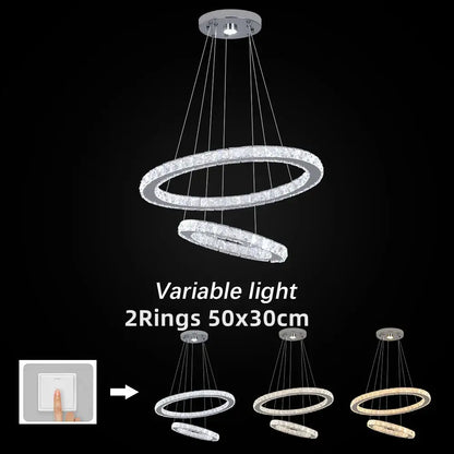 Modern crystal chrome led double-ring pendant light chandelier with crystal-encrusted rings and chrome ceiling mount for living room decorbites chrome led pendant
