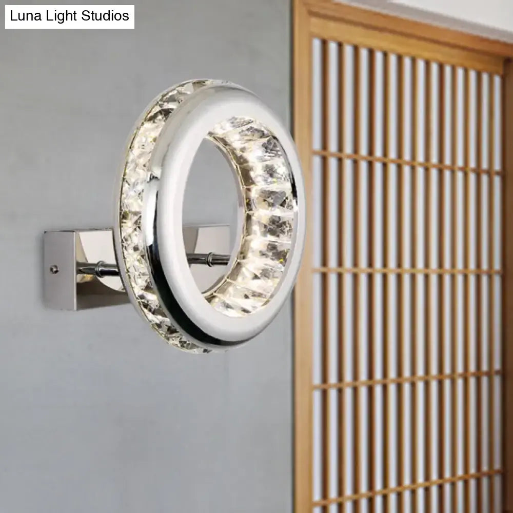Modern crystal chrome sconce light fixture with stainless steel shade and warm LED ring for living room vanity light fixture