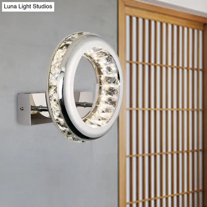 Modern crystal chrome sconce light fixture with stainless steel shade and warm LED ring for living room vanity light fixture