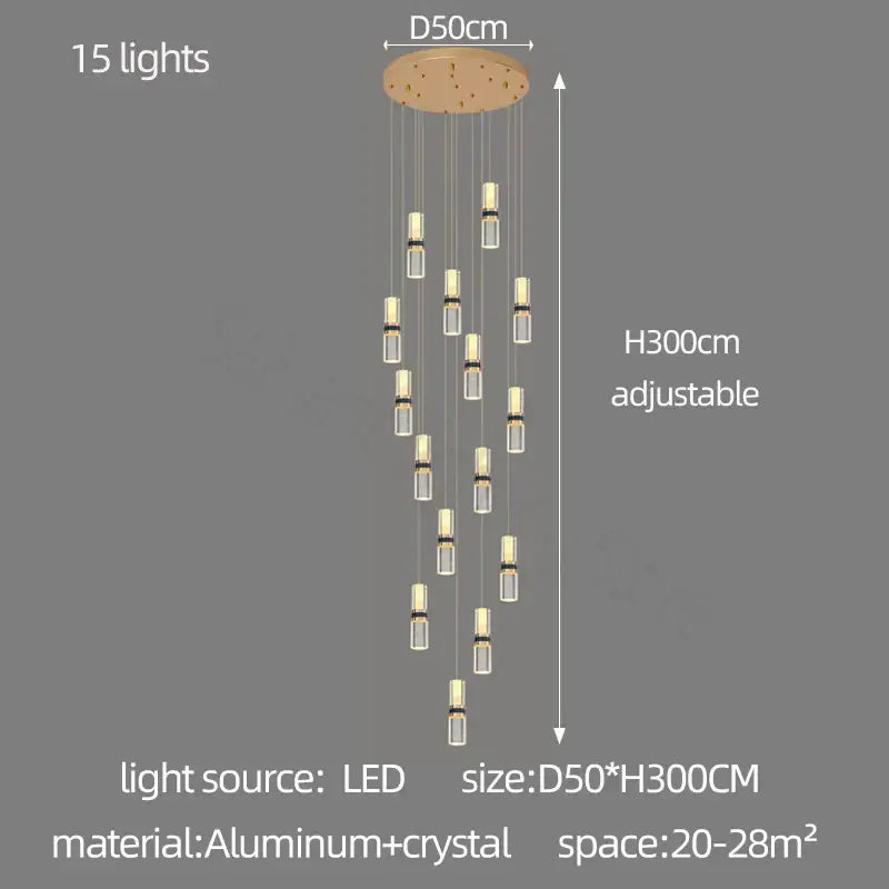 Modern decorbites crystal columnar chandelier with 15 led lights and crystal accents for living room stair decor