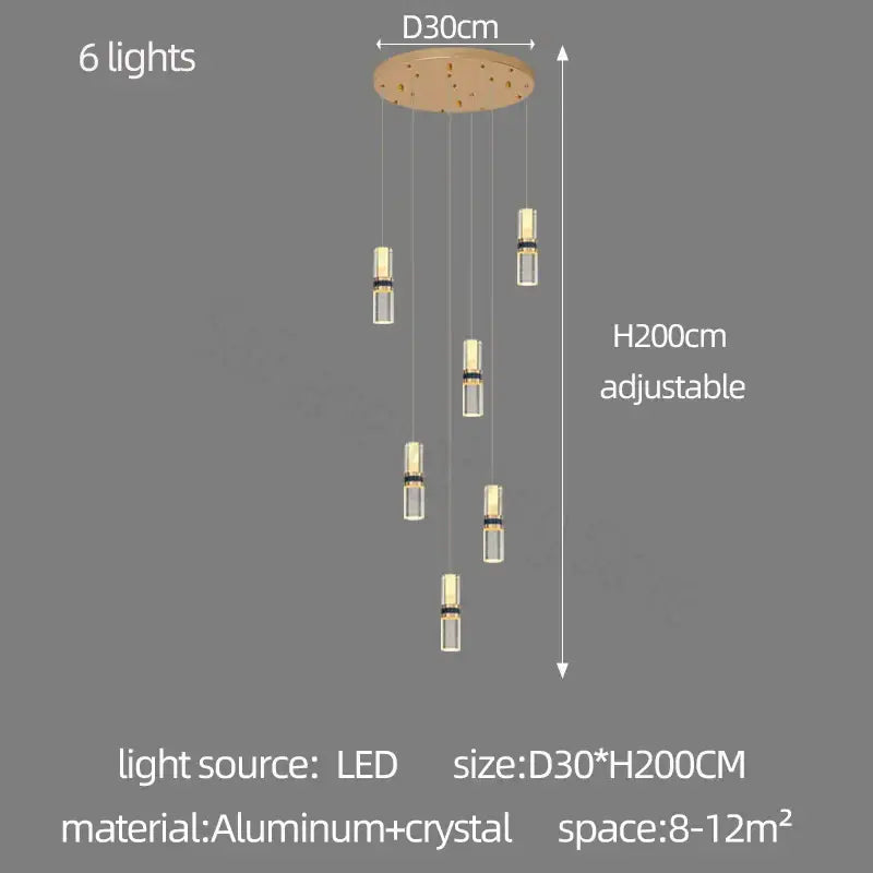 Modern crystal columnar chandelier with adjustable circular aluminum base and six crystal-encased lights for stairwell decor