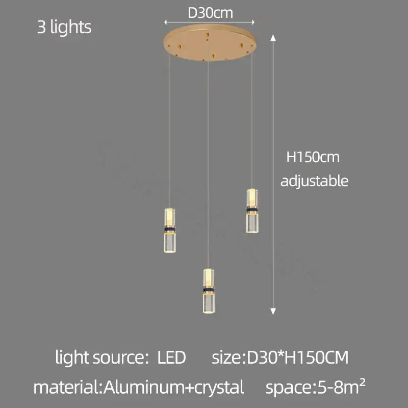 Modern crystal columnar chandelier with three cylindrical led bulbs and clear crystal accents on aluminum mount
