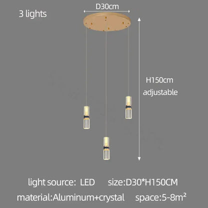 Modern crystal columnar chandelier with three cylindrical led bulbs and clear crystal accents on aluminum mount