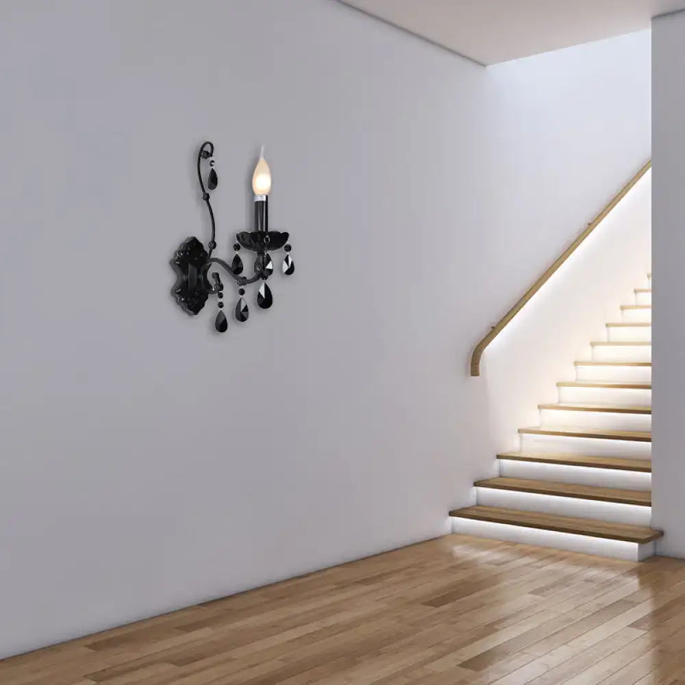 Modern black wrought iron cone wall mount sconce with dangling crystal droplets for living room lighting