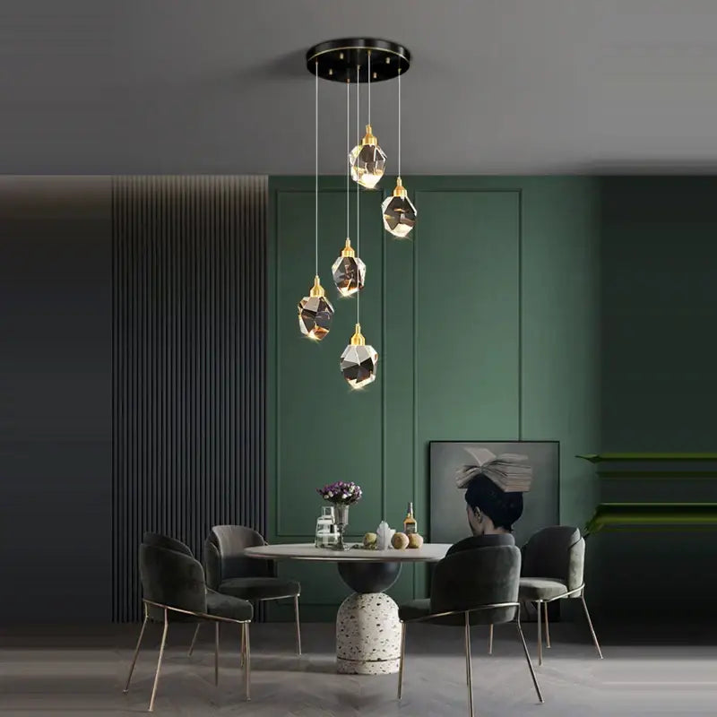 Modern crystal copper black led chandelier with faceted crystal shades and gold-toned accents for dining room decorbites crystal copper