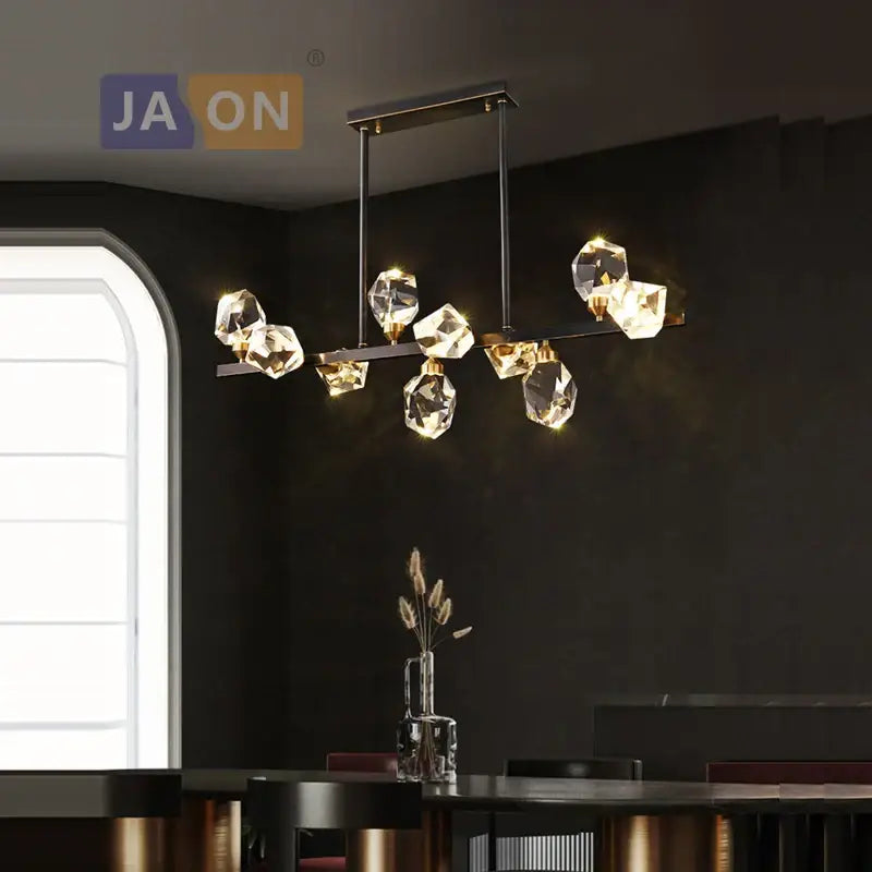 Modern geometric chandelier with faceted crystal pendants and copper black led frame for dining room decorbites crystal copper